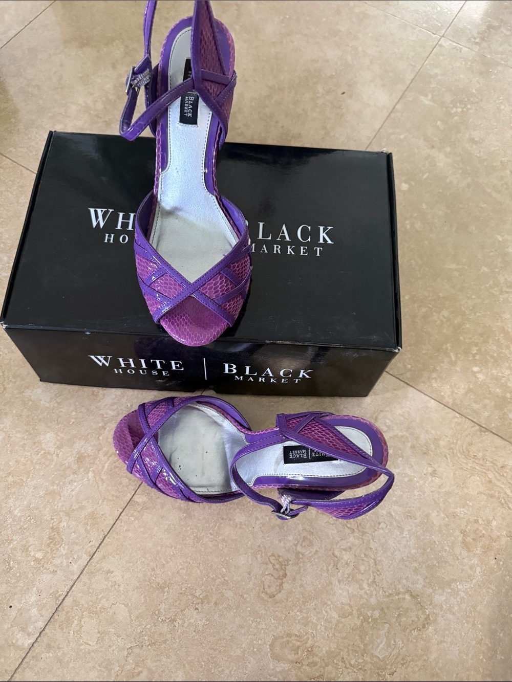 White House Black Market Gia Purple Strappy High Heels - Picture 4 of 8